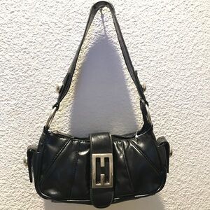 Y2K Black Leather Handbag with Silver Buckle